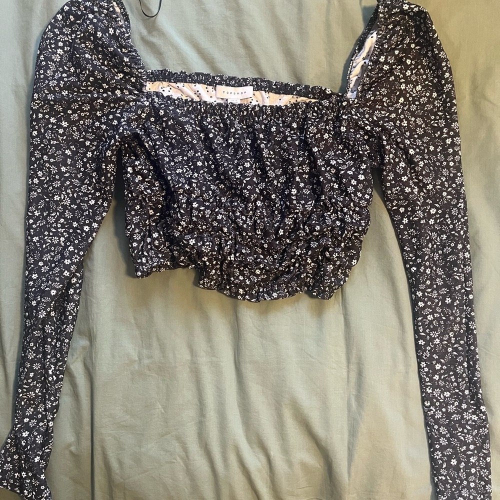 TopShop Floral Black Long Sleeve Eyelet Crop Top